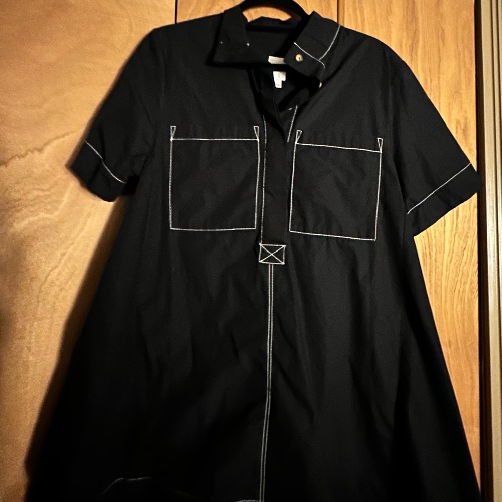 Maeve Black Short Sleeve Trapeze Dress with White Stitching size L